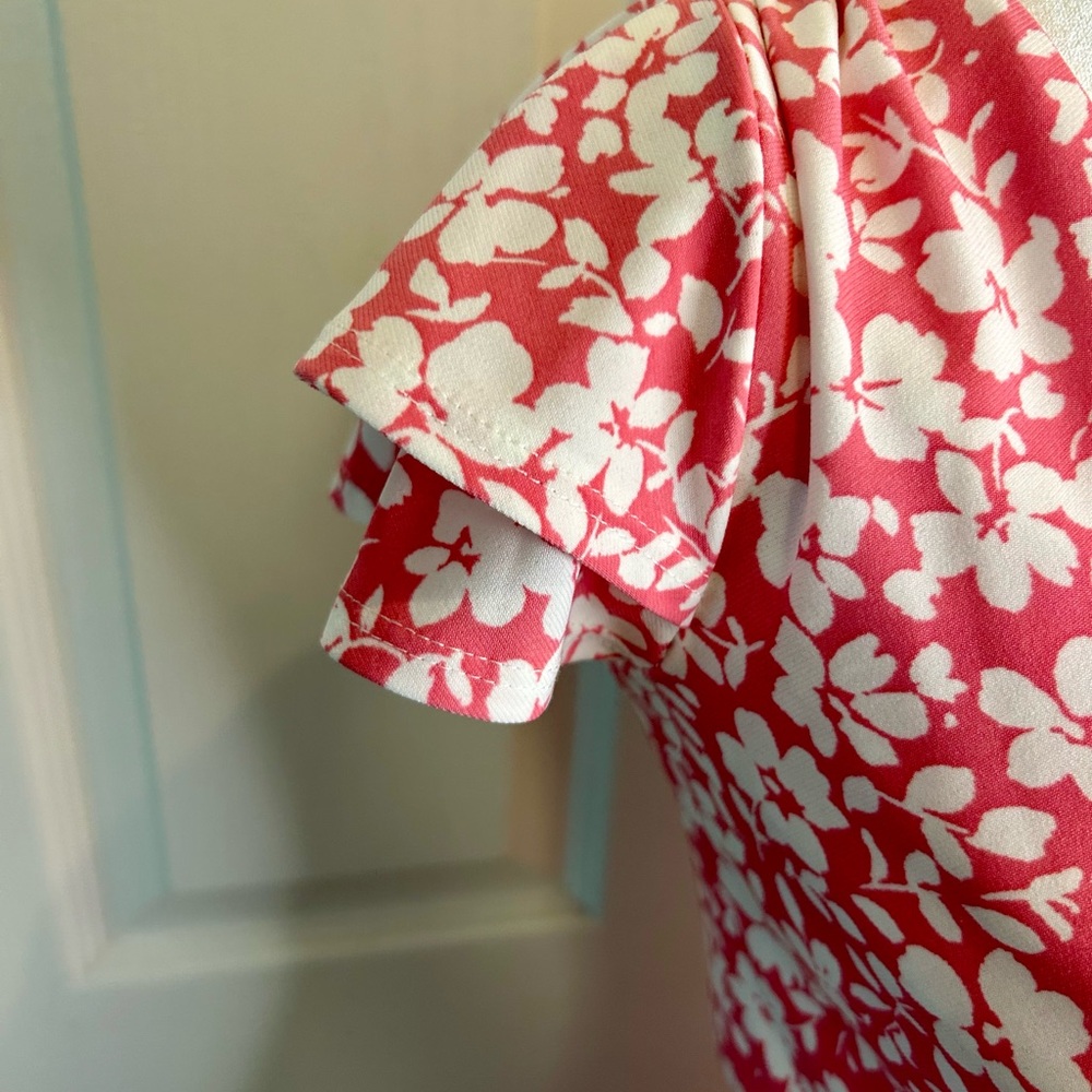 🌸”Lauren Ralph Lauren” Pink/White Floral Flutter Sleeve V-Neck BodyconMidi Dress - Picture 3 of 12